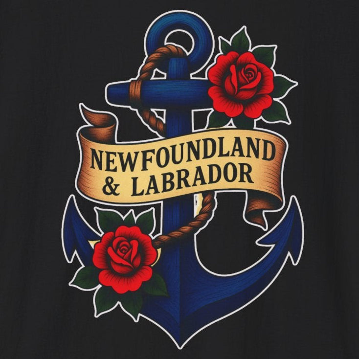 Black t-shirt with "Newfoundland and Labrador' on a banner on an anchor with roses with a white border.