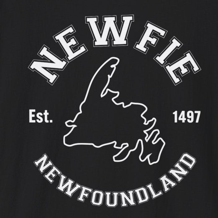Black shirt with white text saying "NEWFIE" and "Newfoundland" and and outline of Newfoundland on a black background