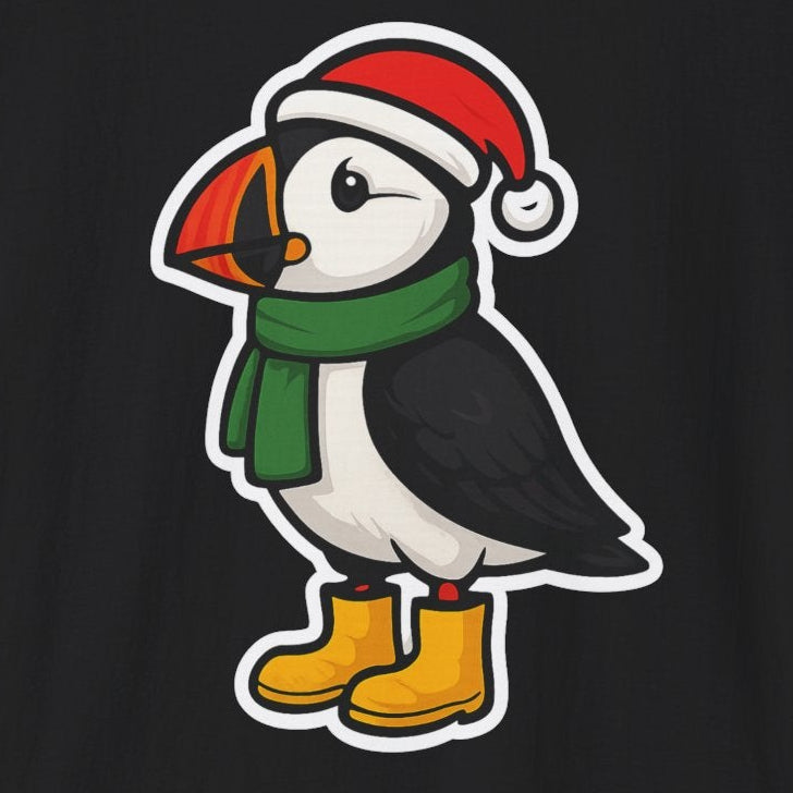 A Black t-shirt with a puffin wearing a santa hat and yellow wader boots.