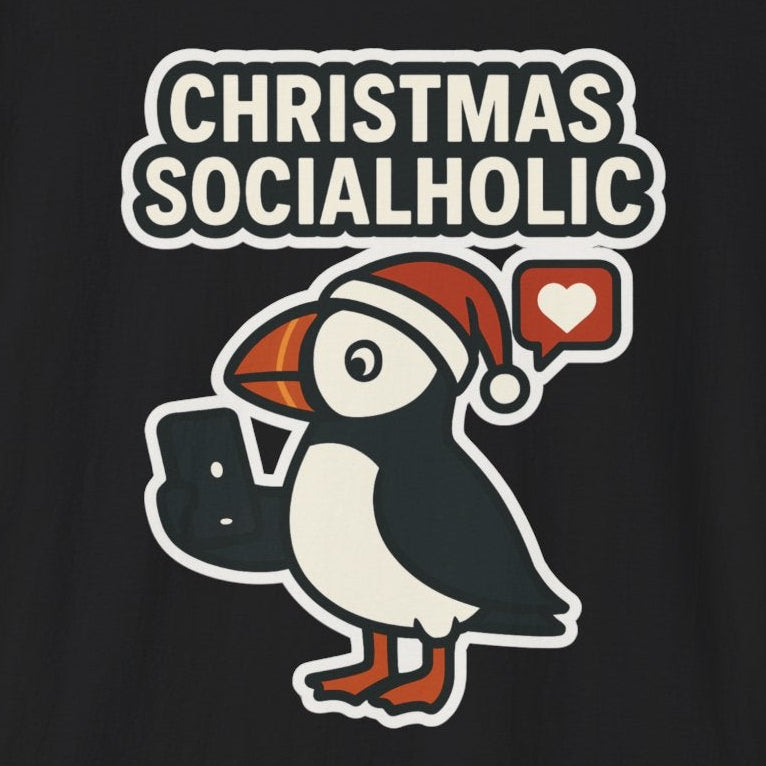 The text says "Christmas Socialholic" and the graphic is a puffin on his cell phone!