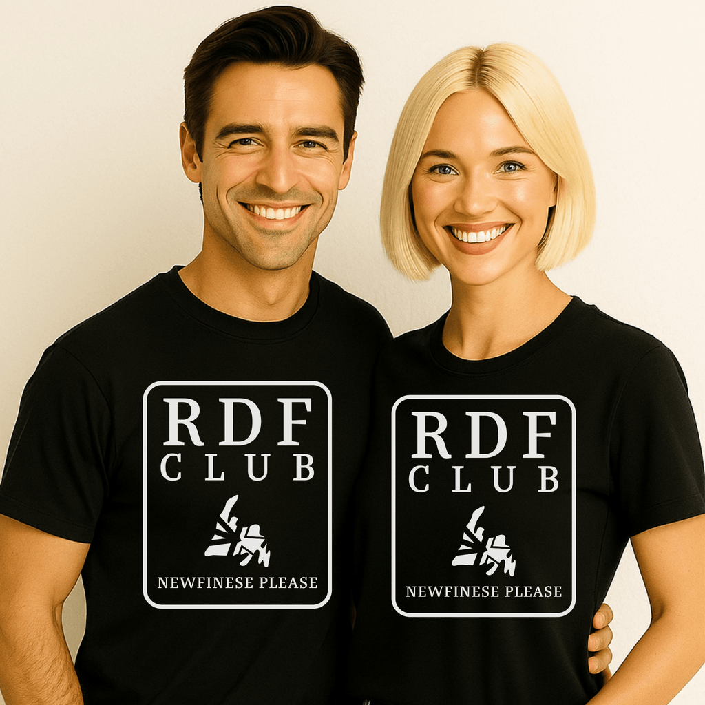 An attractive couple wearing black t-shirts with 'RDF Club,' a map of Newfoundland and the logo of Newfinese Please on a white background