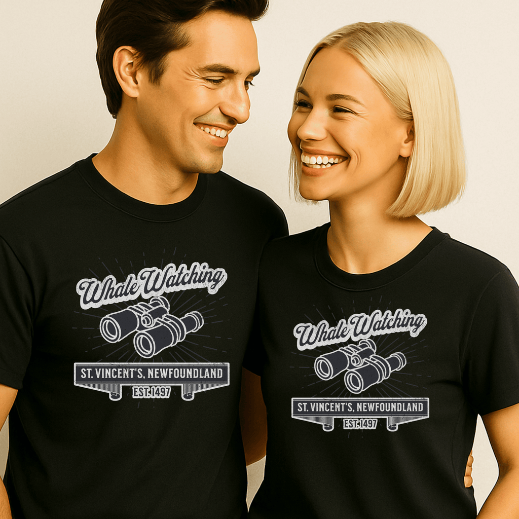 An attractive couple wearing black t-shirts with 'Whale Watching, St. Vincent's text and binoculars designs