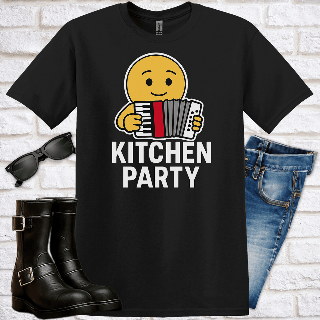 Black t-shirt with emoji holding an accordion and 'Kitchen Party' text, paired with sunglasses, boots, and jeans on a white brick background.