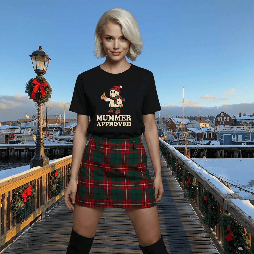 Beautiful young lady wearing our Mummer Design  consisting of a holiday dressed Mummer with Christmas hat and scarf and the thumbs up.