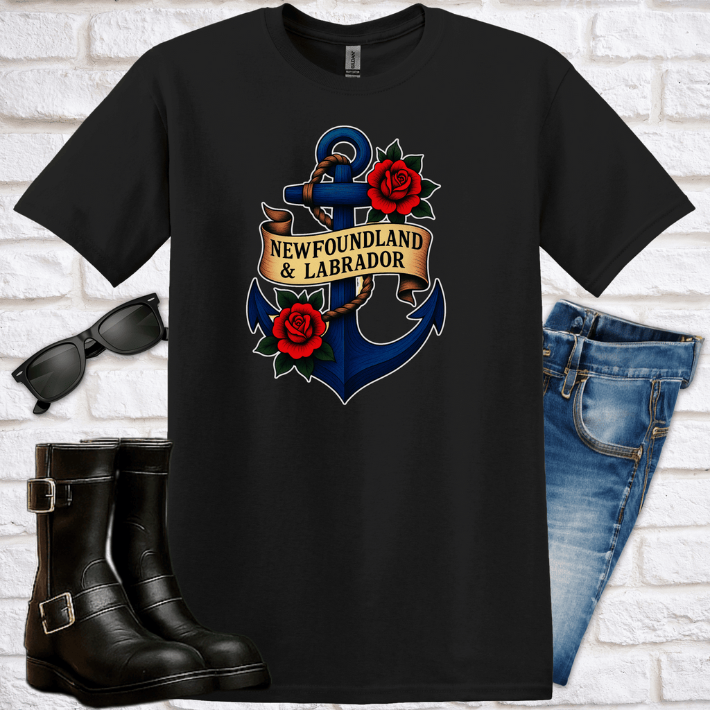 Black t-shirt with anchor with roses and an anchor saying "Newfoundland and Labrador", sunglasses, boots, and jeans on a white brick background