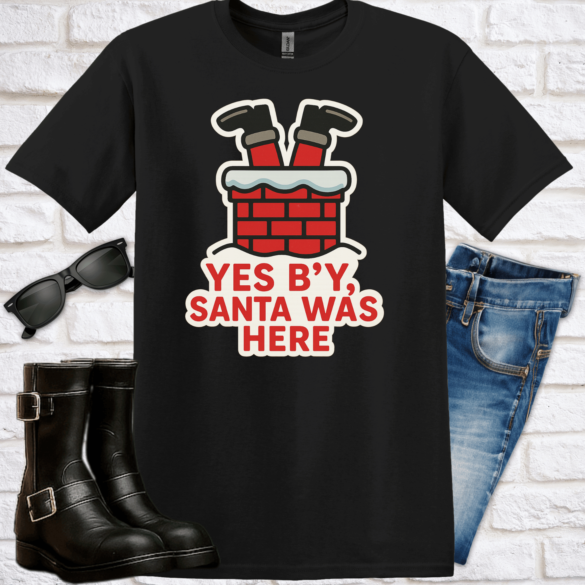 Black t-shirt with 'Yes B'y, Santa Was There" and a graphic of Santa's legs sticking out of a chimney.
