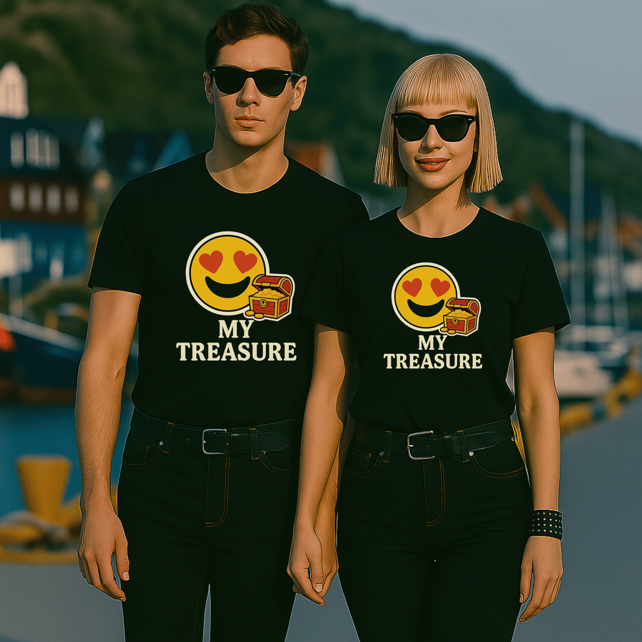 Two people wearing black t-shirts with a smiley face design and 'My Treasure' text, standing in front of a blurred outdoor background.