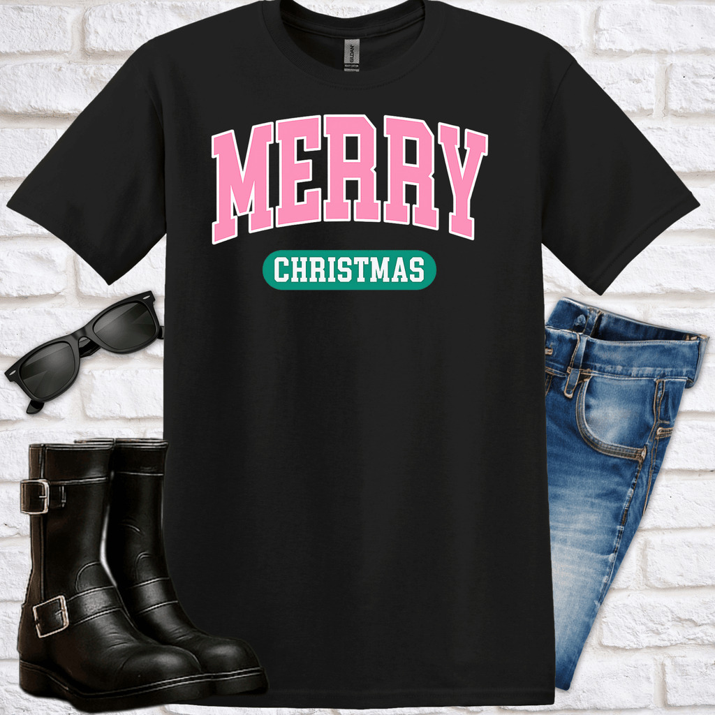 Merry Christmas in Colllegiate Text T-Shirt