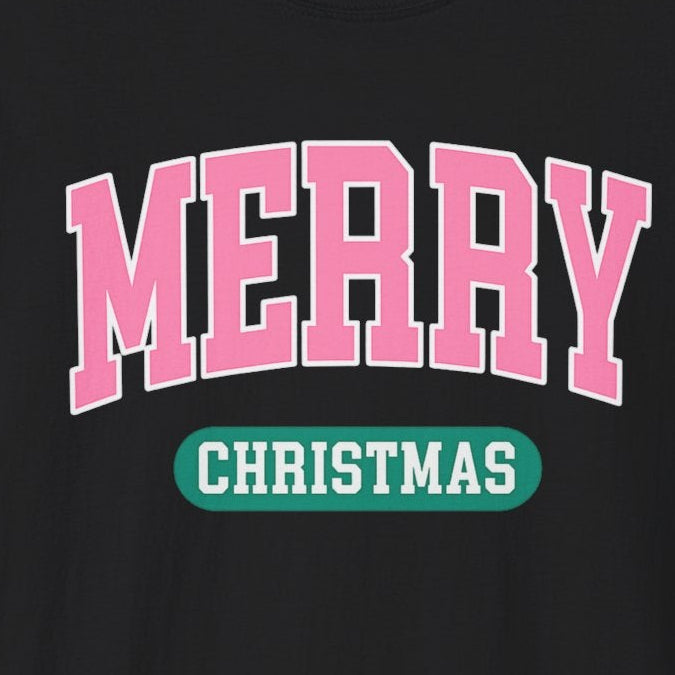 Black t-shirt with Merry Christmas in pink and green colligiant text