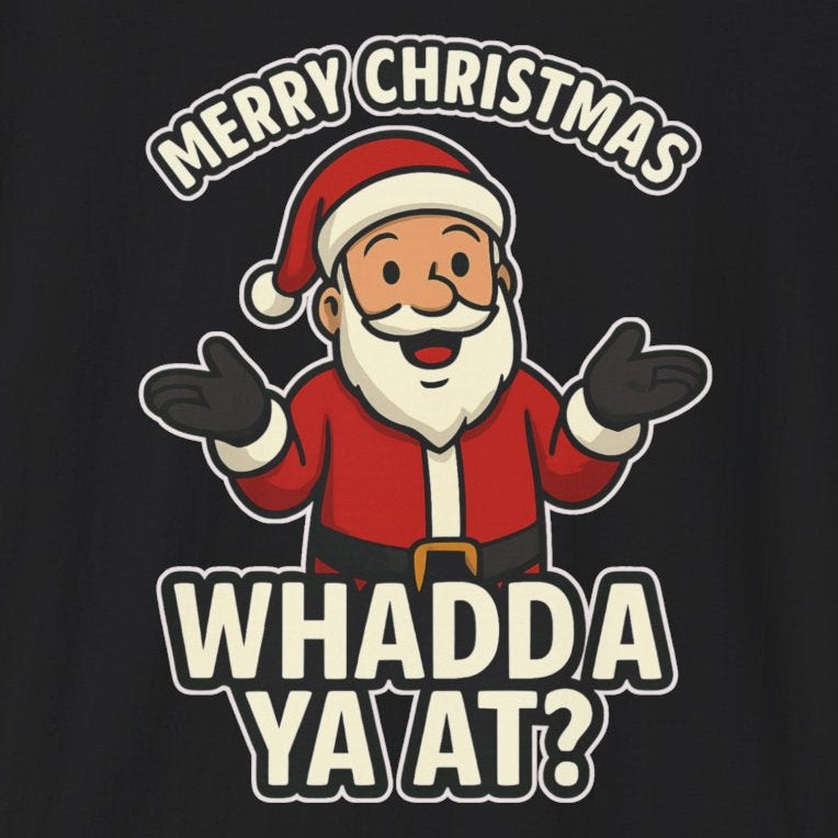 Black t-shirt with Santa Claus graphic and text on a white background
