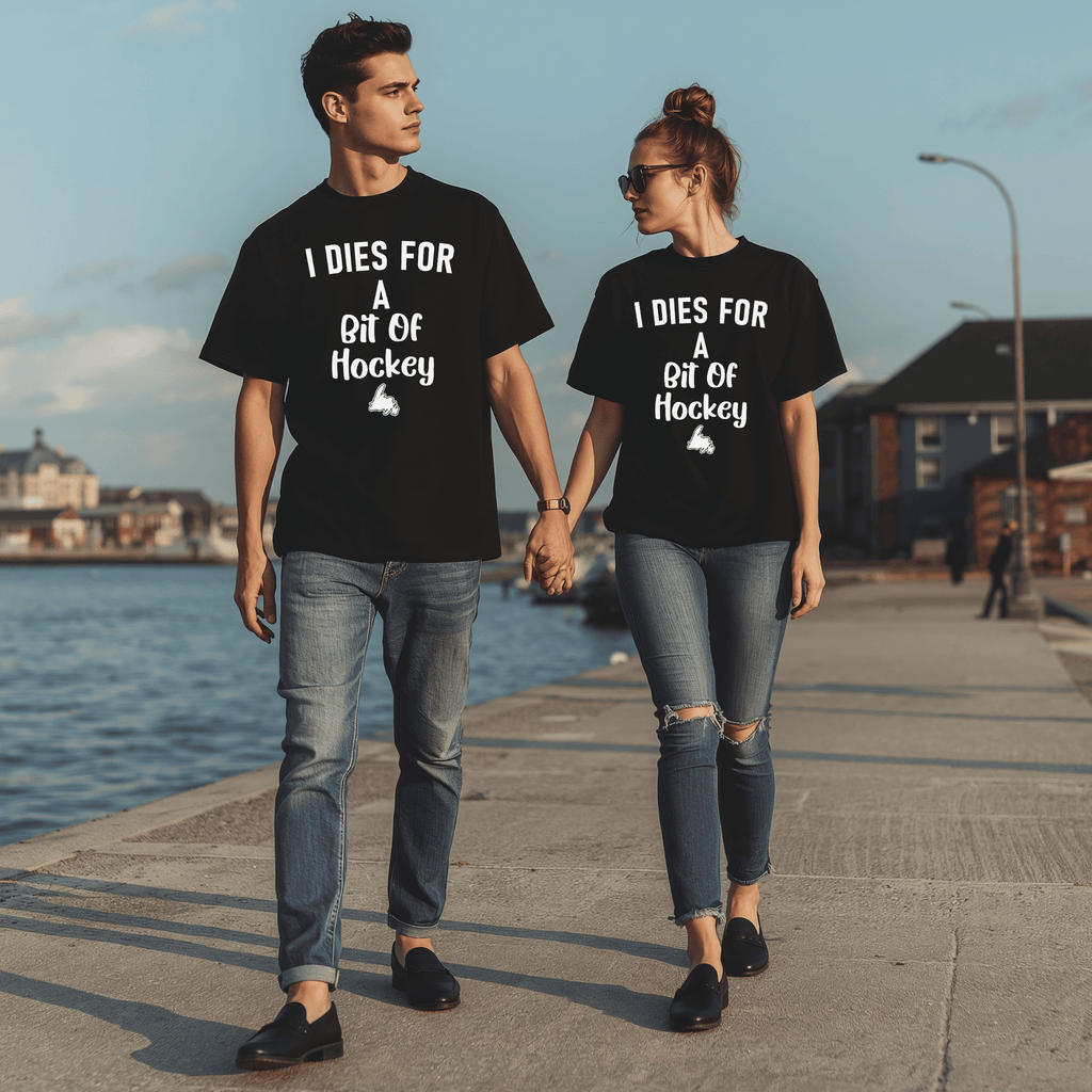 Attractive_couple_wearing_matching_"I_Dies _for_a_Bit_of_Hockey"_T-Shirts