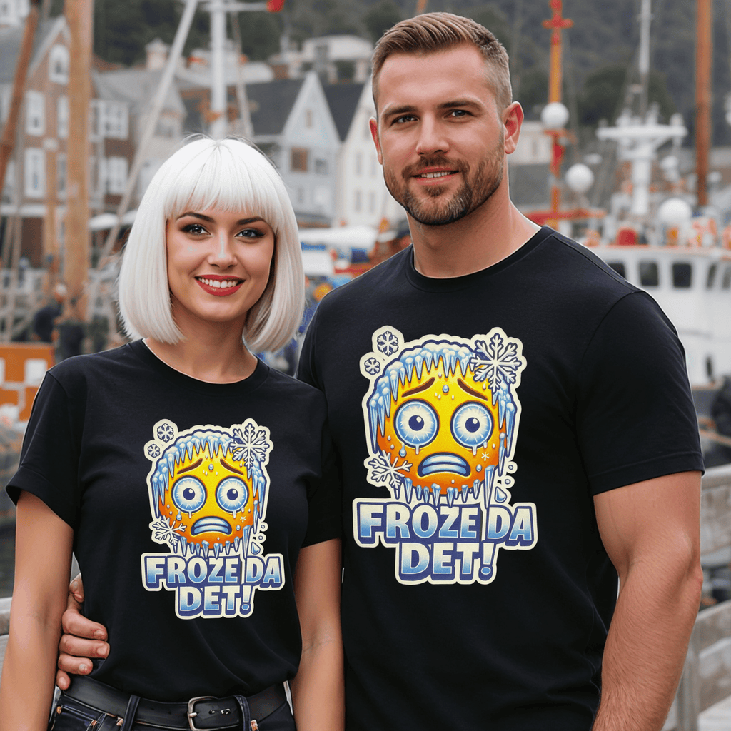 An attractive couple wearing matching black t-shirts with a frozen emoji and text saying "Froze Da Det!" in a harbor setting.