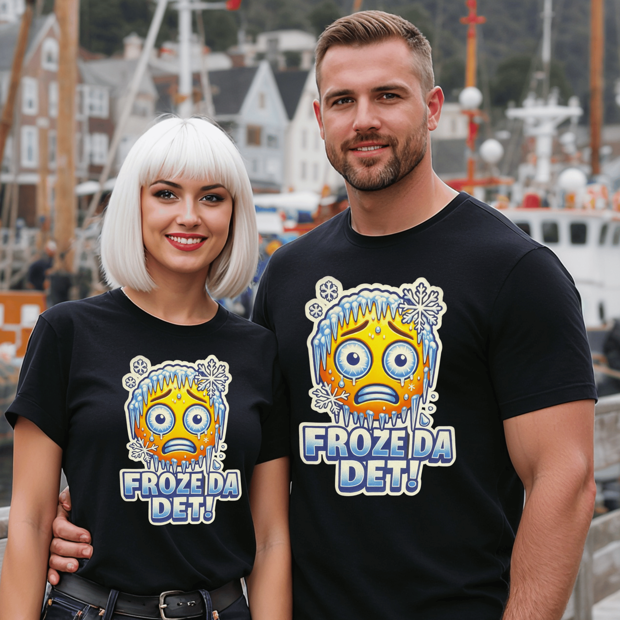 An attractive couple wearing matching black t-shirts with a frozen emoji and text saying "Froze Da Det!" in a harbor setting.