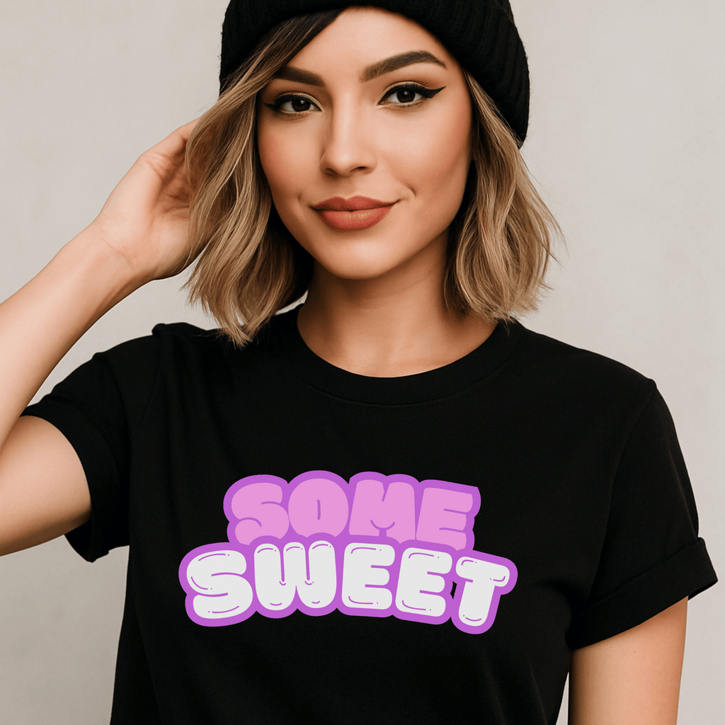 Beautiful woman wearing a black t-shirt with 'SOME SWEET' text in pink and white.
