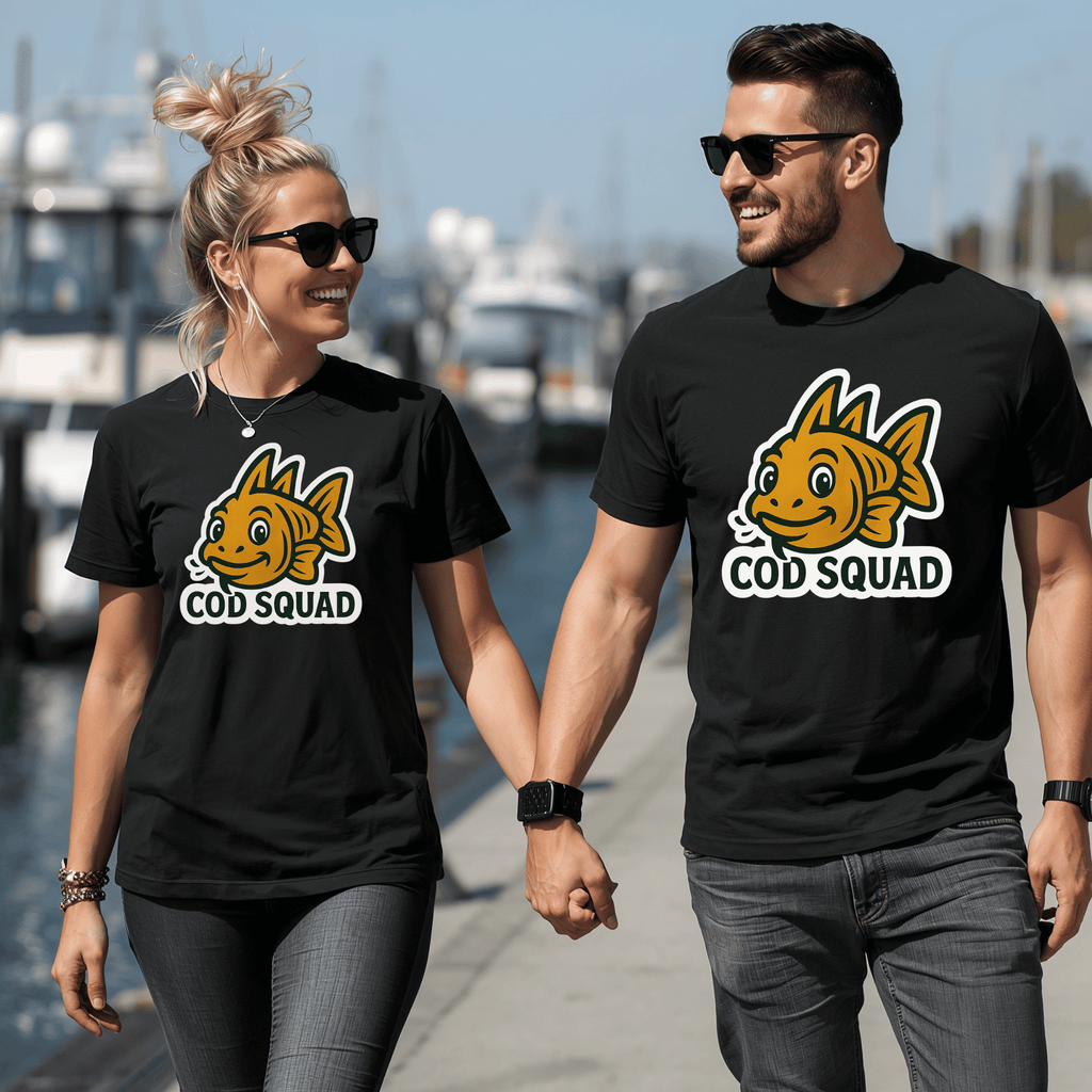 Two people wearing black t-shirts with a fish graphic and 'COD SQUAD' text, walking by a marina.