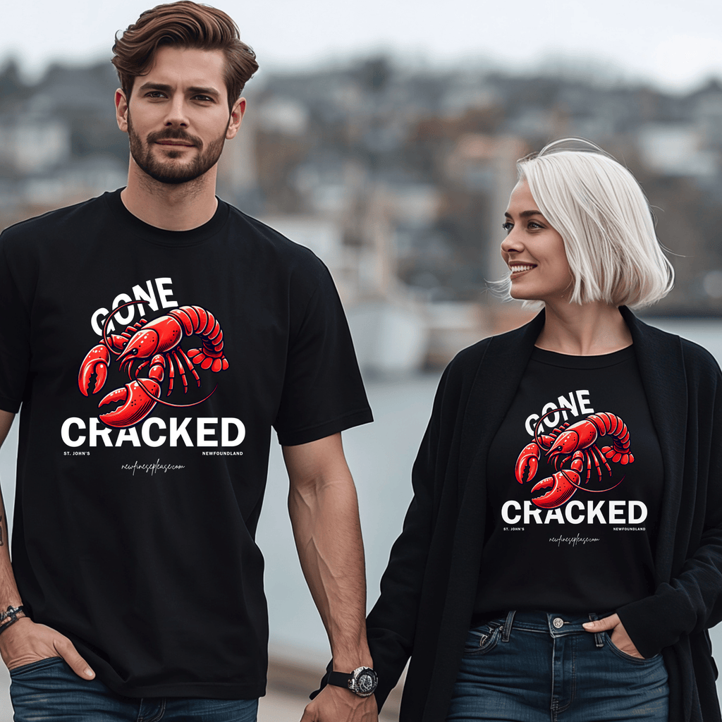 An attractive couple wearing matching shirts with a lobster and the words "Gone Cracked."
