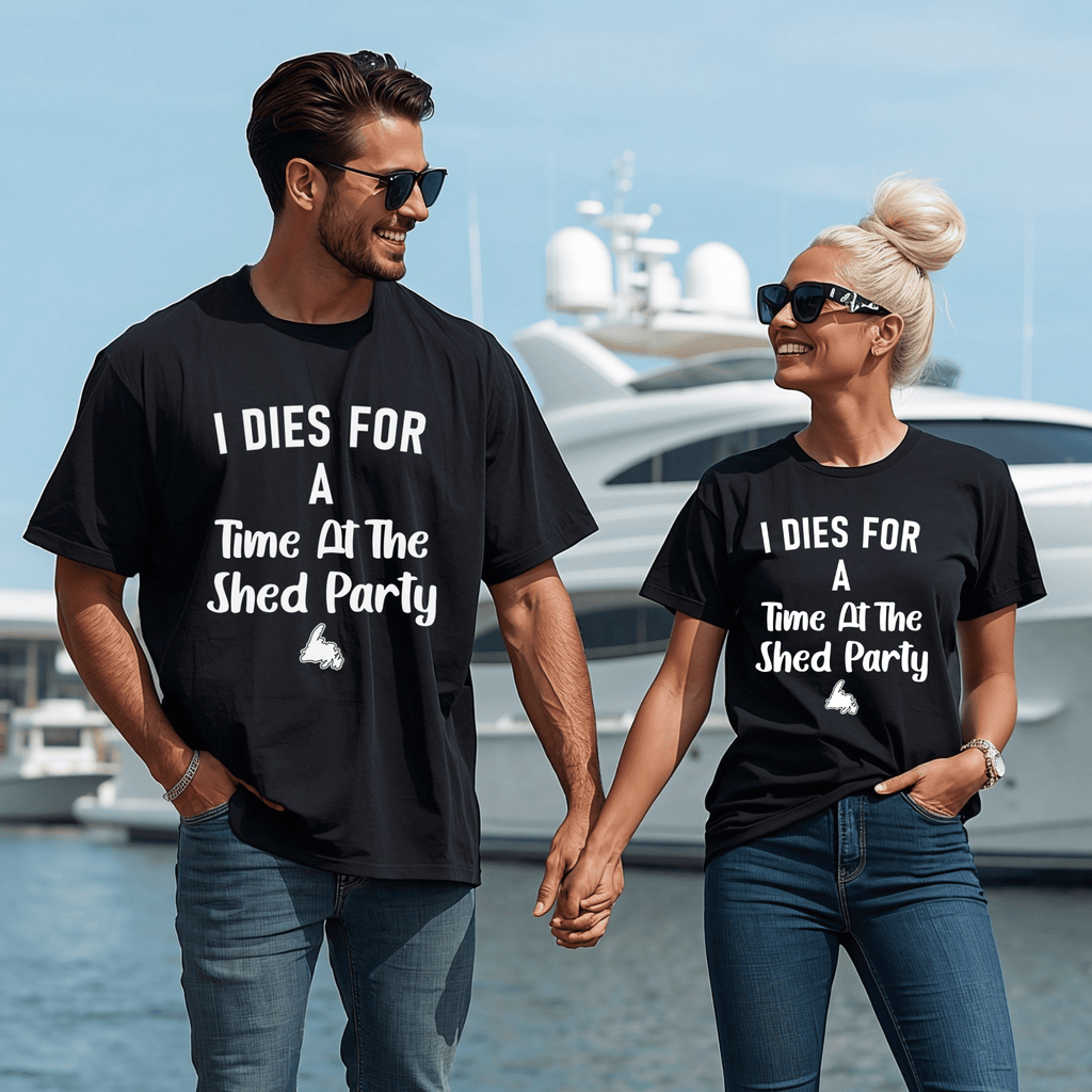 An attractive couple with matching black t-shirts with a text design saying "I dies for a time at the shed party" and a Newfoundland graphic.