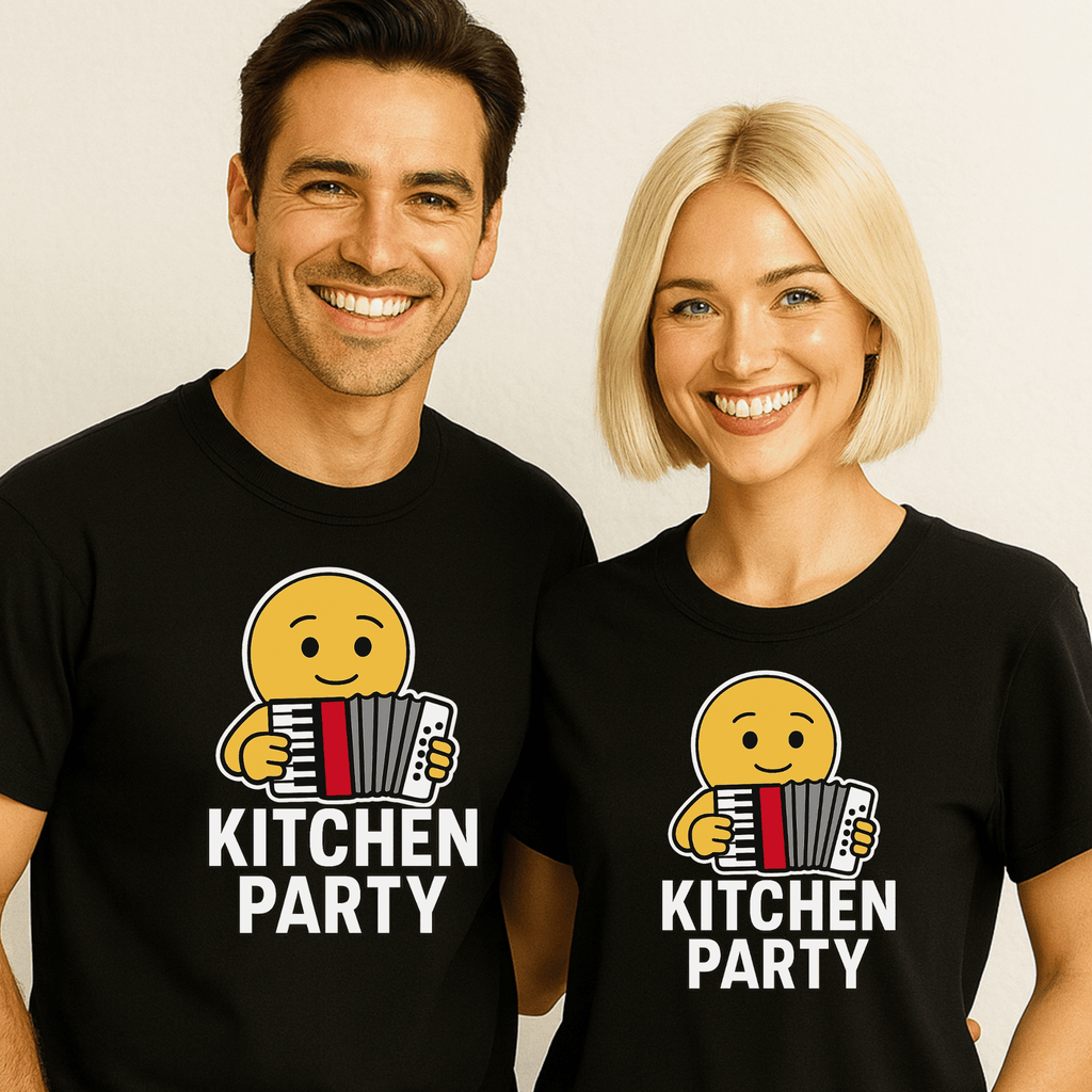 Two people wearing black t-shirts with an emoji playing the accordian and 'Kitchen Party' text .