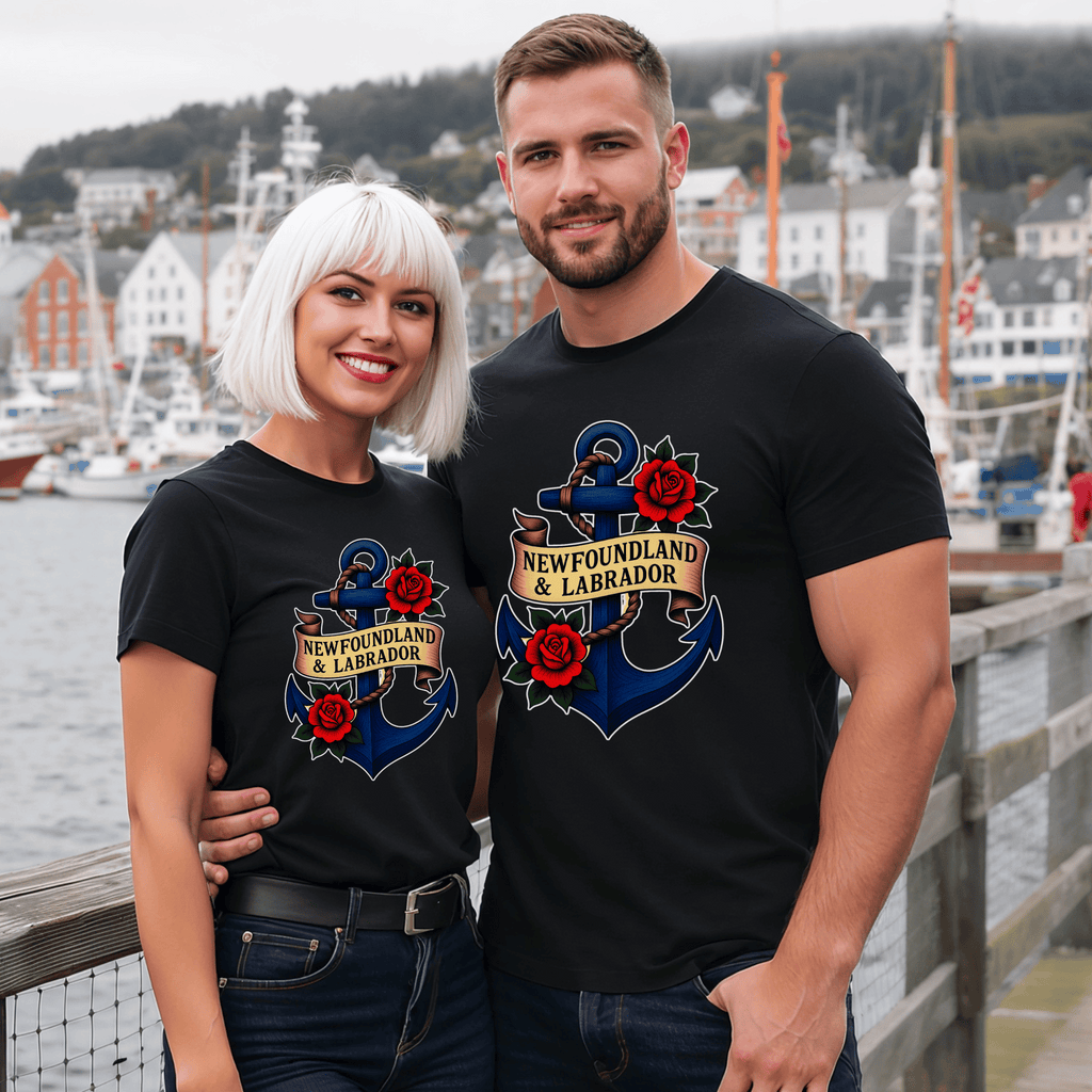 Attractive man and woman wearing black t-shirts with an anchor and roses design featuring a banner saying Newfoundland and Labrador.