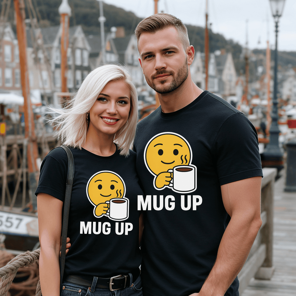 Two people wearing black t-shirts with an emoji holding a cup of coffee or tea and the words "MUG UP" in a harbor setting." 