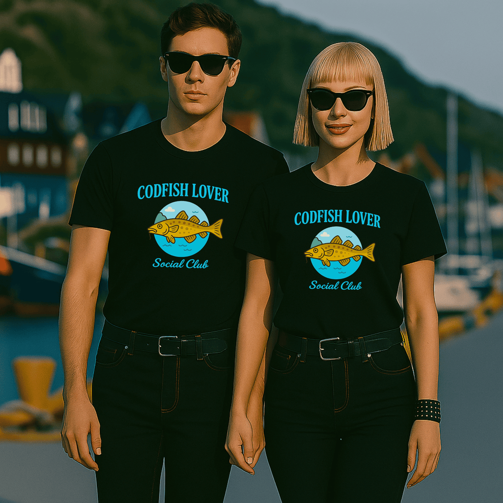 Two people wearing black t-shirts with 'Codfish Lover Social Club' design in a coastal setting.