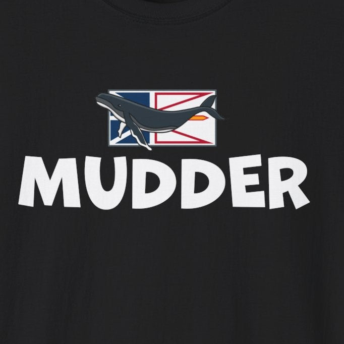 Black t-shirt with 'Mudder' text and whale on flag design on a black background.