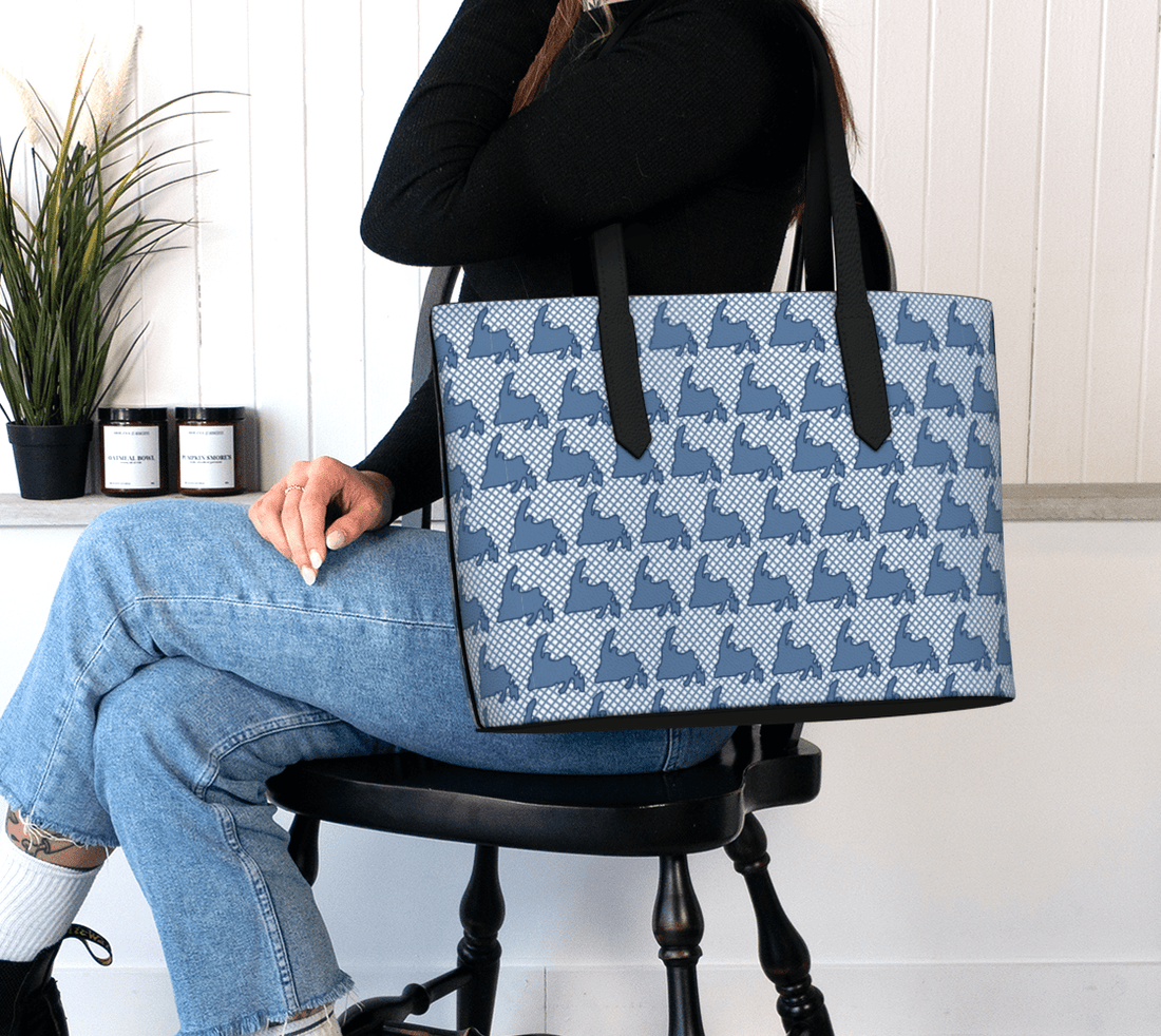 Blue Newfoundland Silhouette Grid Tote Bag – Coastal Pattern Travel Tote - Newfinese Please