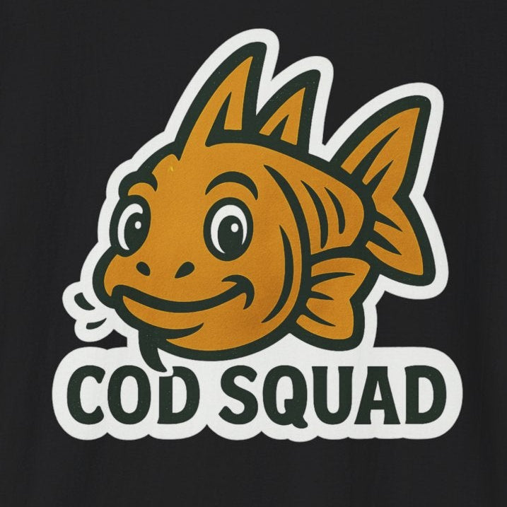 Black t-shirt with a happy, playful cod and the text "COD SQUAD"
