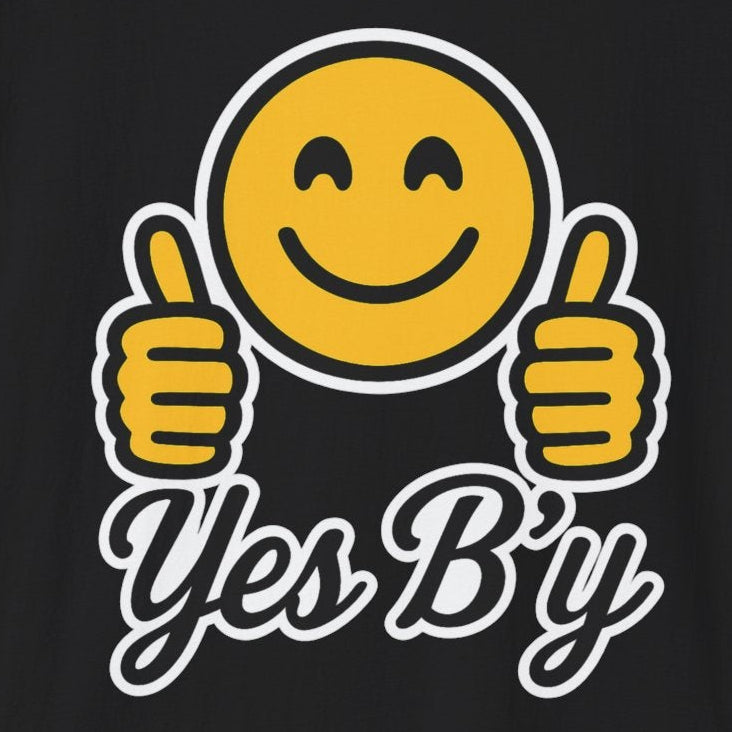 Black t-shirt with a smiley face emoji giving thumbs up and 'Yes By' text on a black background