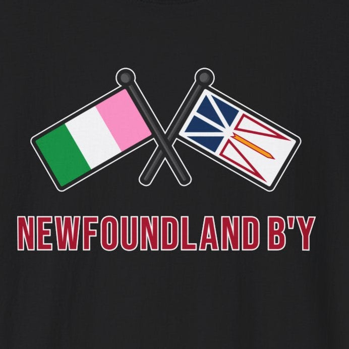 Black t-shirt with Tricolour Newfoundland flag and the Official Flag of Newfoundland and Labrador and text saying "Newfoundland B'y" on a black background