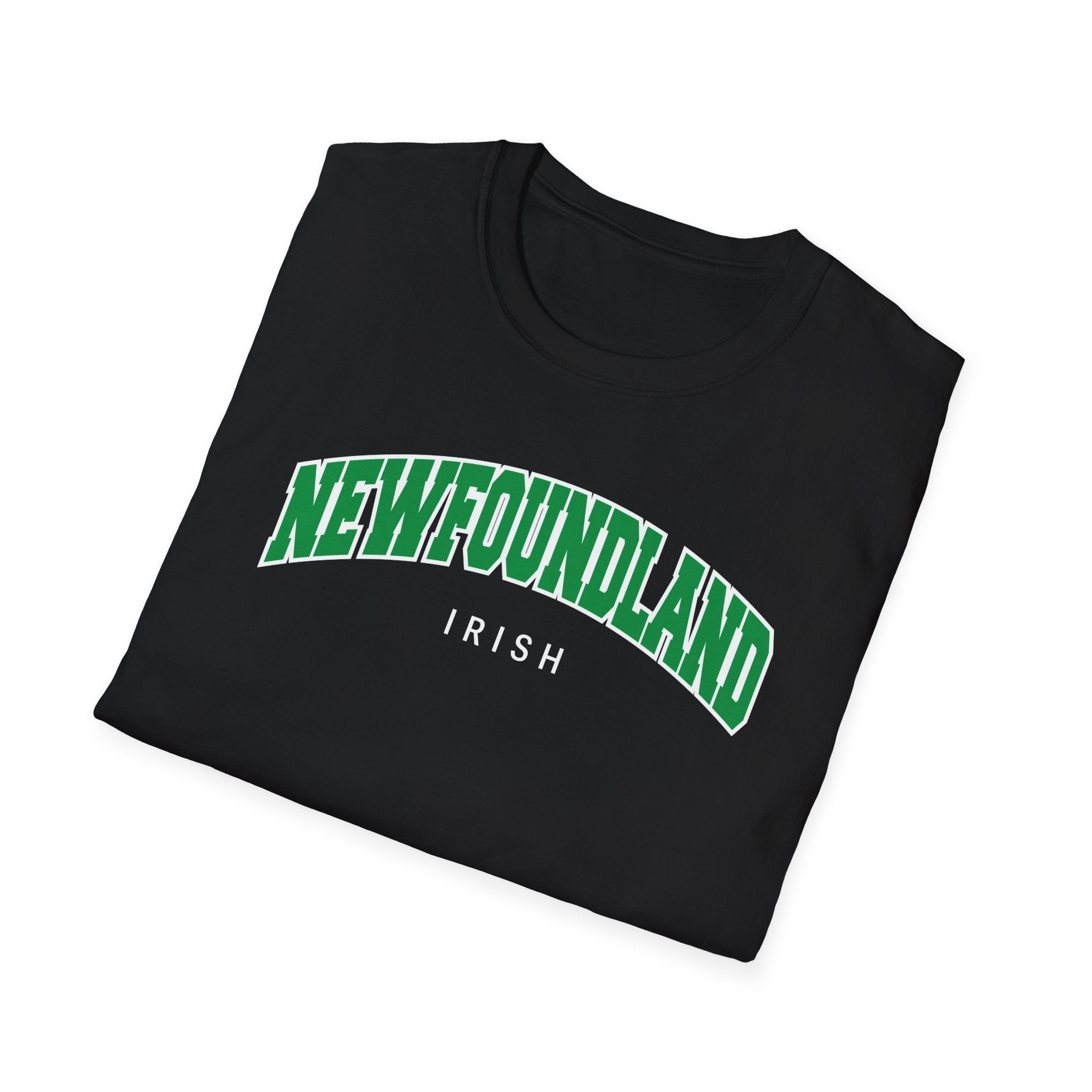 Black t-shirt with 'Newfoundland Irish' text written in green and white