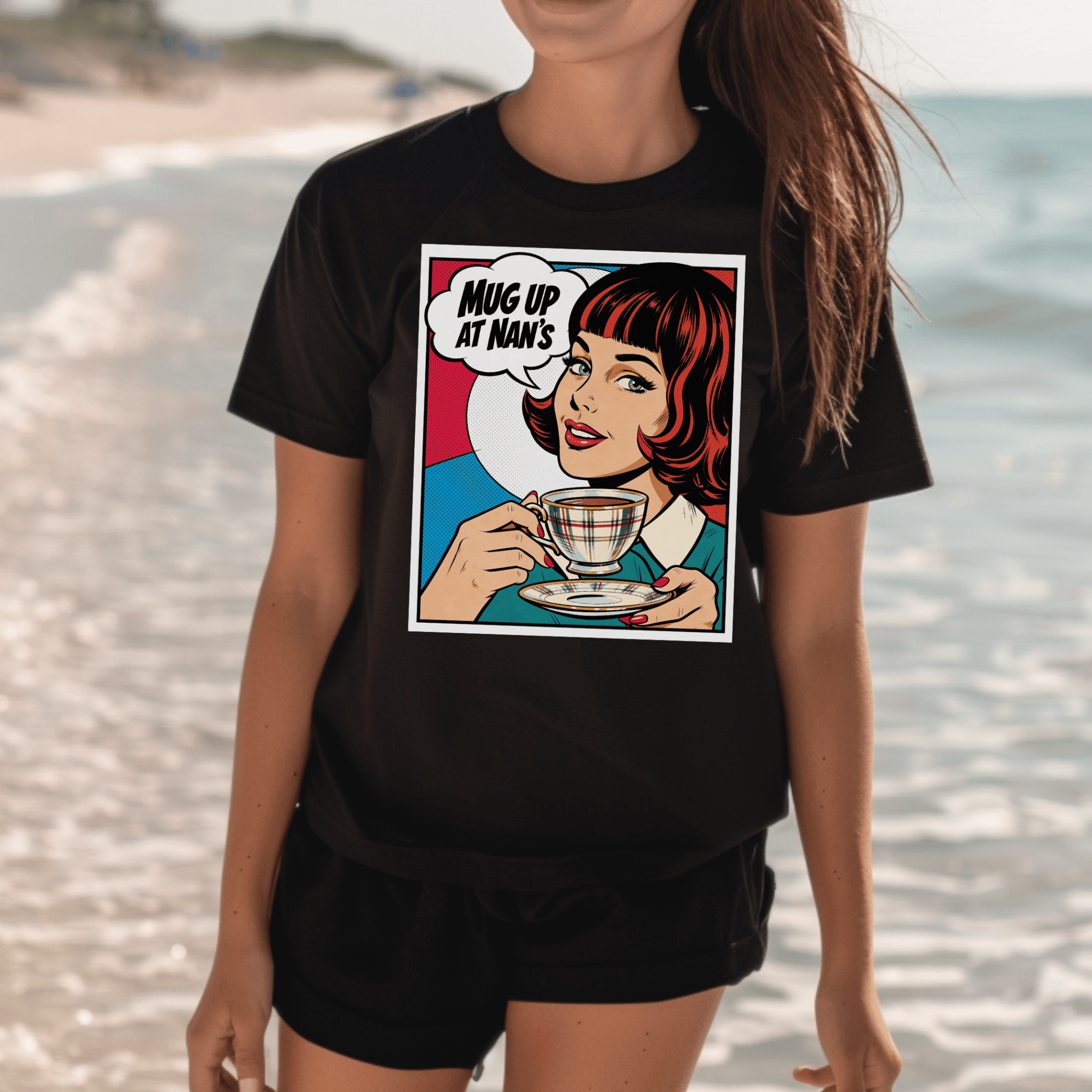 Graphic T-Shirt: "Mug Up at Nan's" Retro Pop Art Tea Tee - Newfinese Please