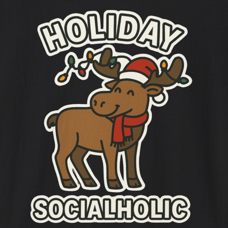 Black t-shirt with a moose graphic and 'Holiday Socialholic' text on a white background