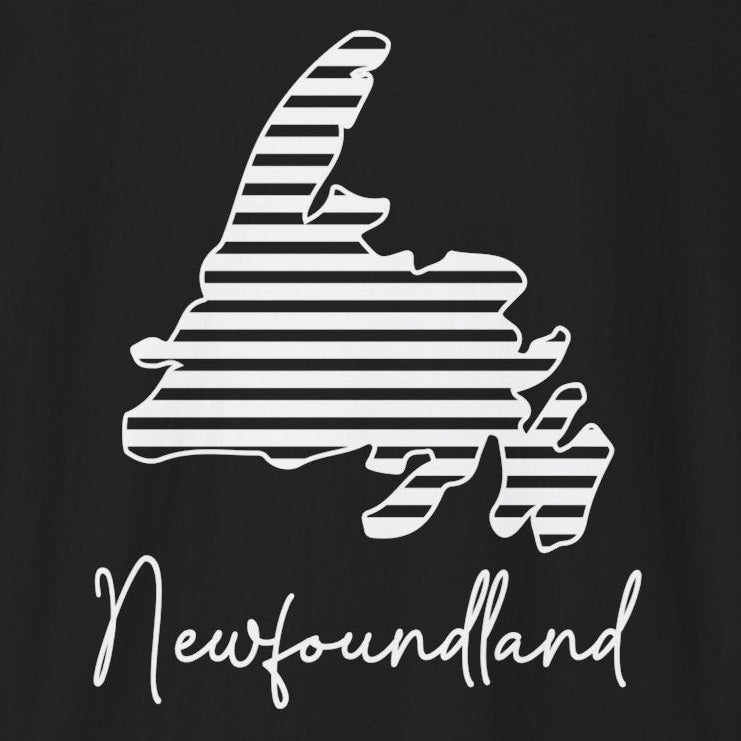 Map of Newfoundland with a striped pattern  and the word Newfoundland in script on a black background