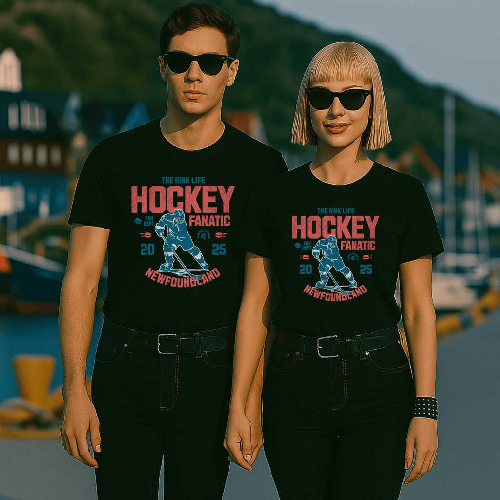 Two people wearing black t-shirts with a hockey design and the words "Hockey Fanatic, Newfoundland" in a casual outdoor setting.
