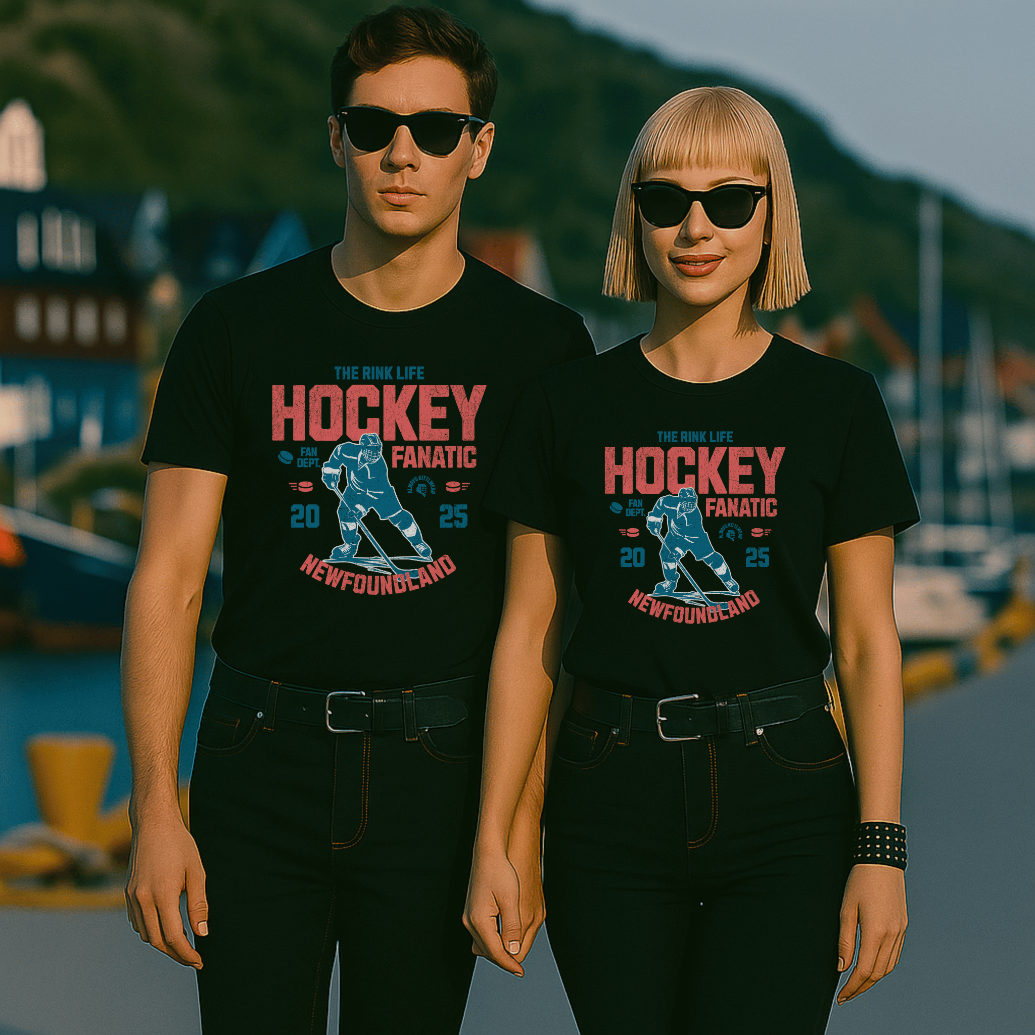 Two people wearing black t-shirts with a hockey design and the words "Hockey Fanatic, Newfoundland" in a casual outdoor setting.