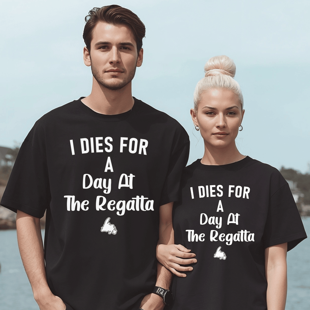 Two gorgeous people wearing t-shirts that say"I Dies for a Day at the Regatta" and a graphic of Newfoundland.