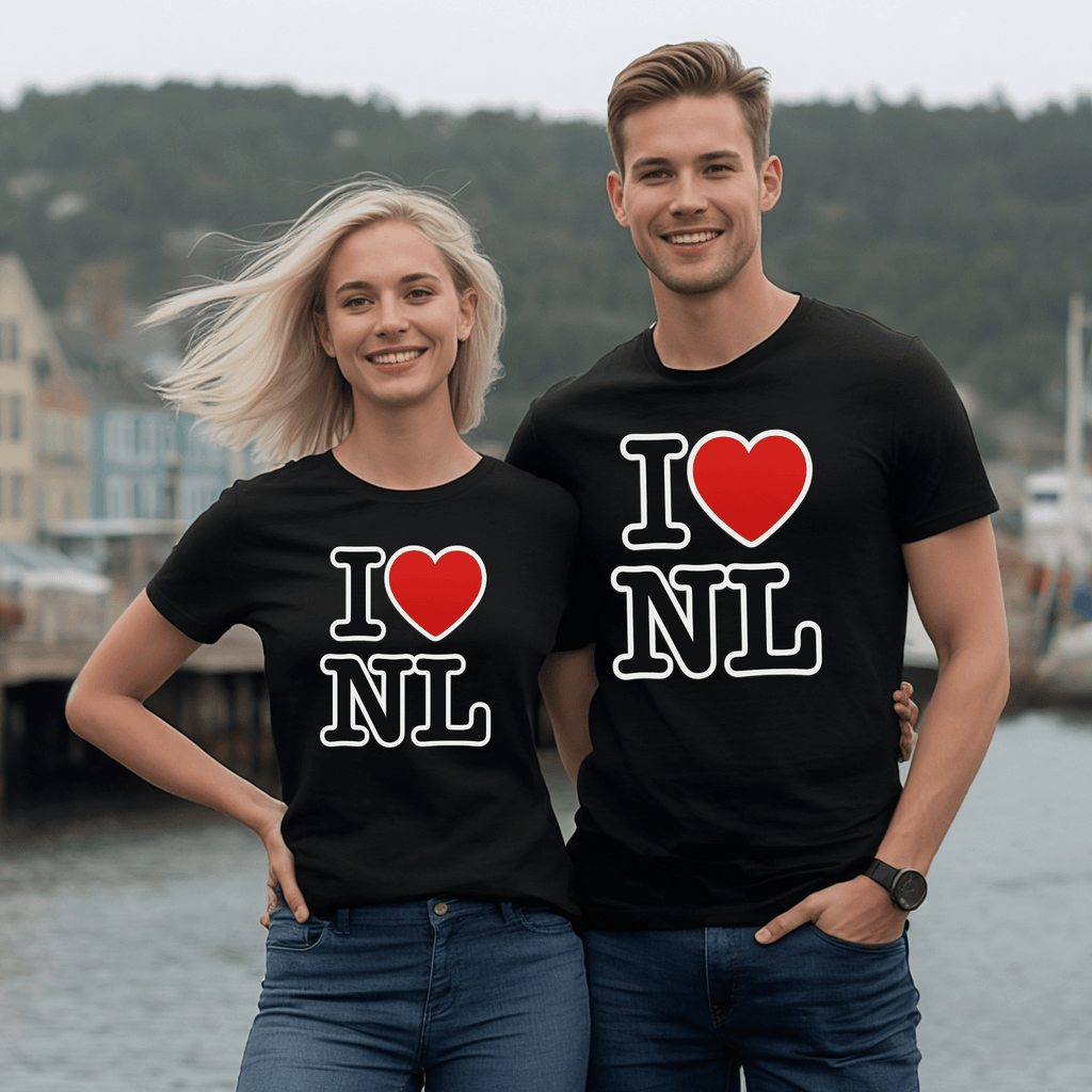 Two people wearing matching black t-shirts with 'I ❤️ NL' designs, standing by a waterfront.