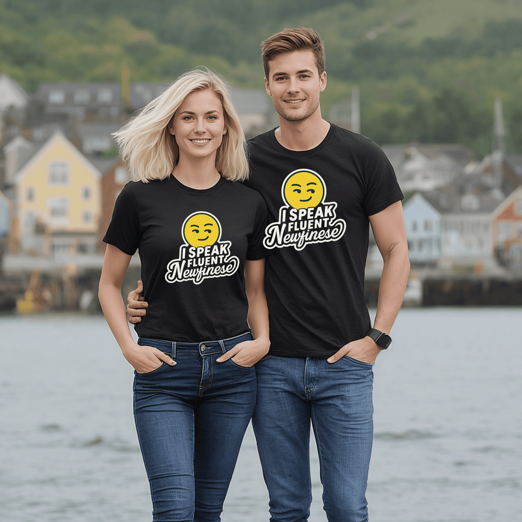 An attractive couple wearing black t-shirts with a smug yellow emoji and text, saying "I Speak Fluent Newfinese" standing by a waterfront.
