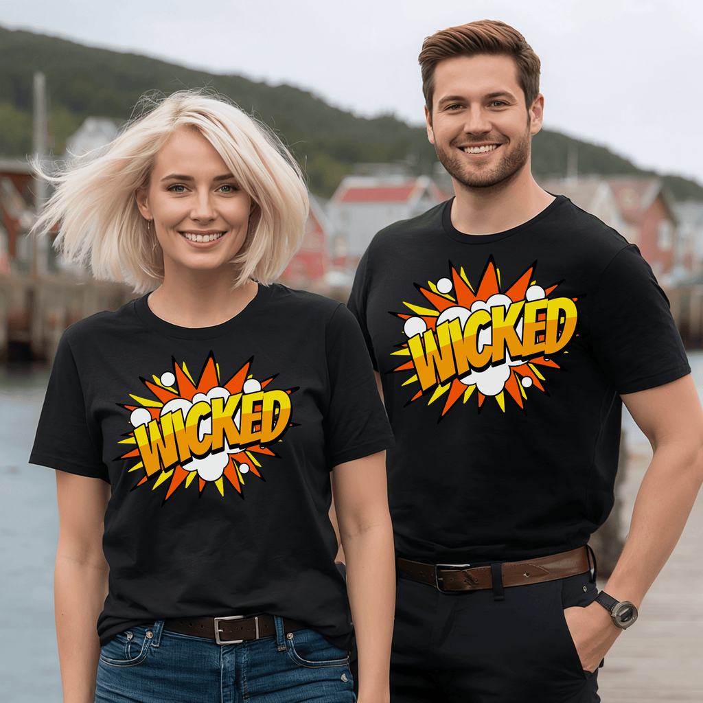 Two attractive people wearing comic-style "Wicked" text explosions. Very trendy and fun.