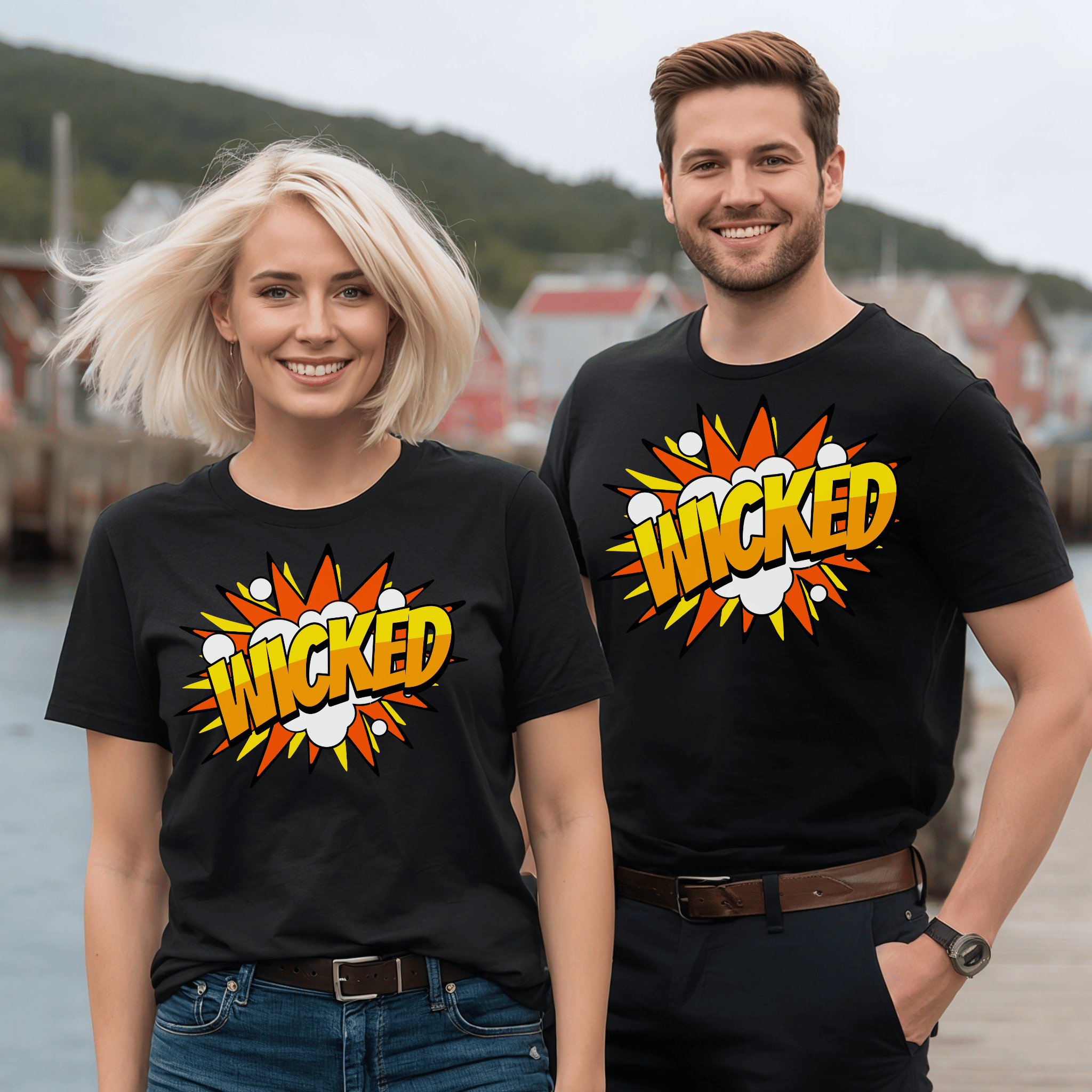 Two attractive people wearing comic-style "Wicked" text explosions. Very trendy and fun.