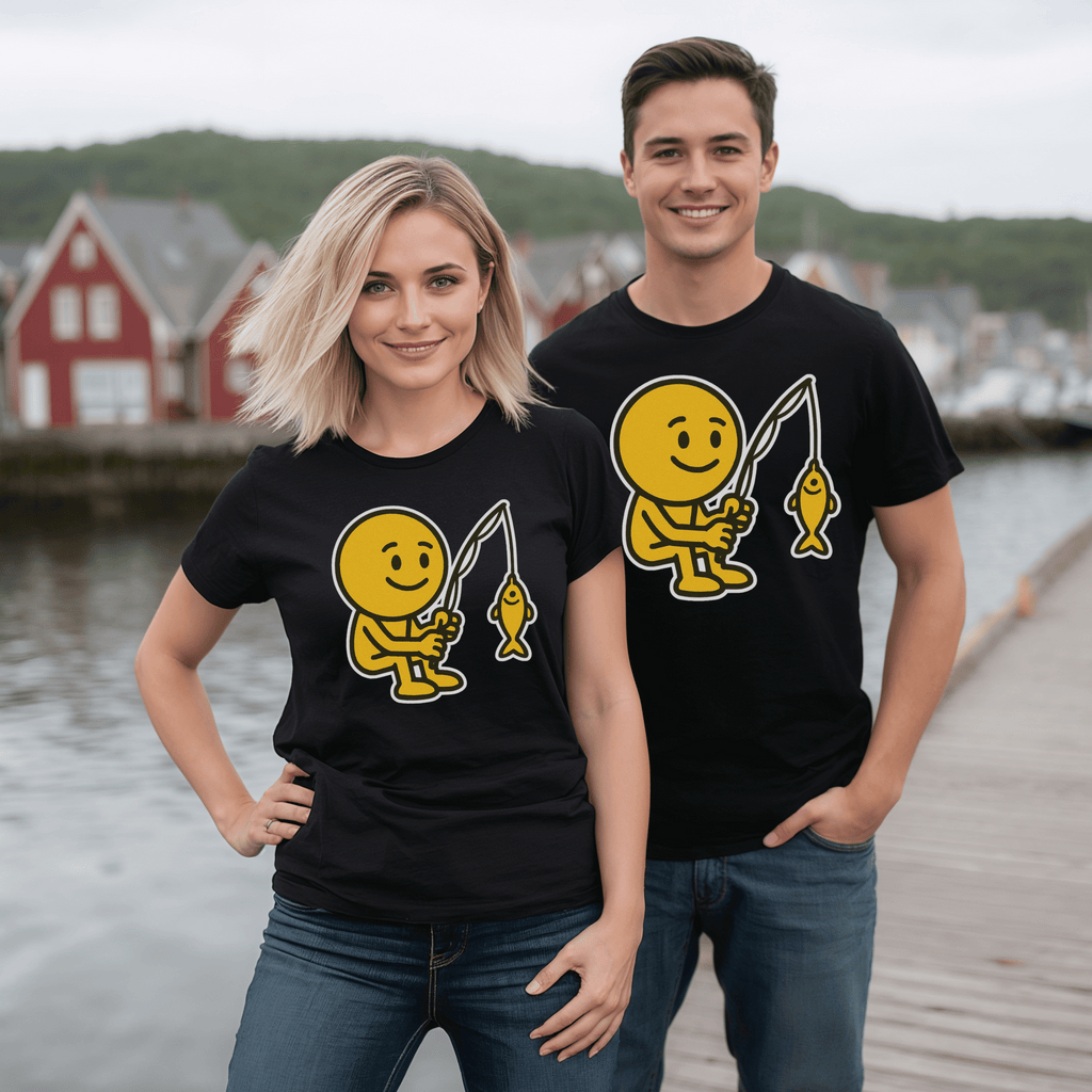 Two attractive people wearing matching black t-shirts with yellow smiley face emojis fishing down by a waterfront.
