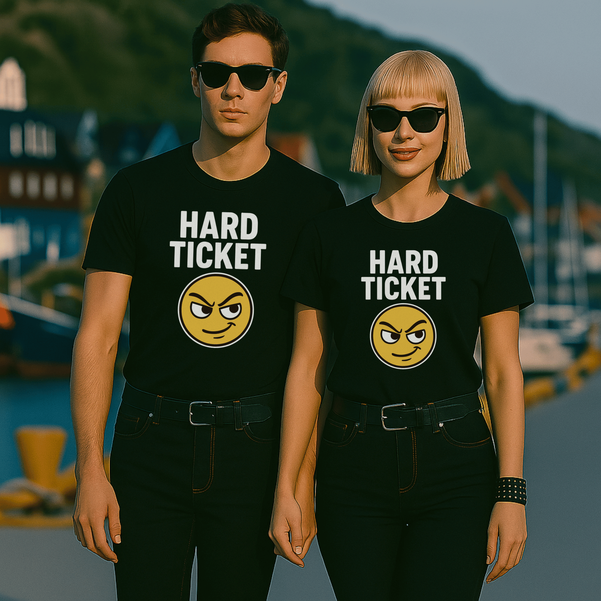 Two people wearing black t-shirts with 'Hard Ticket' and an rascal emoji design.
