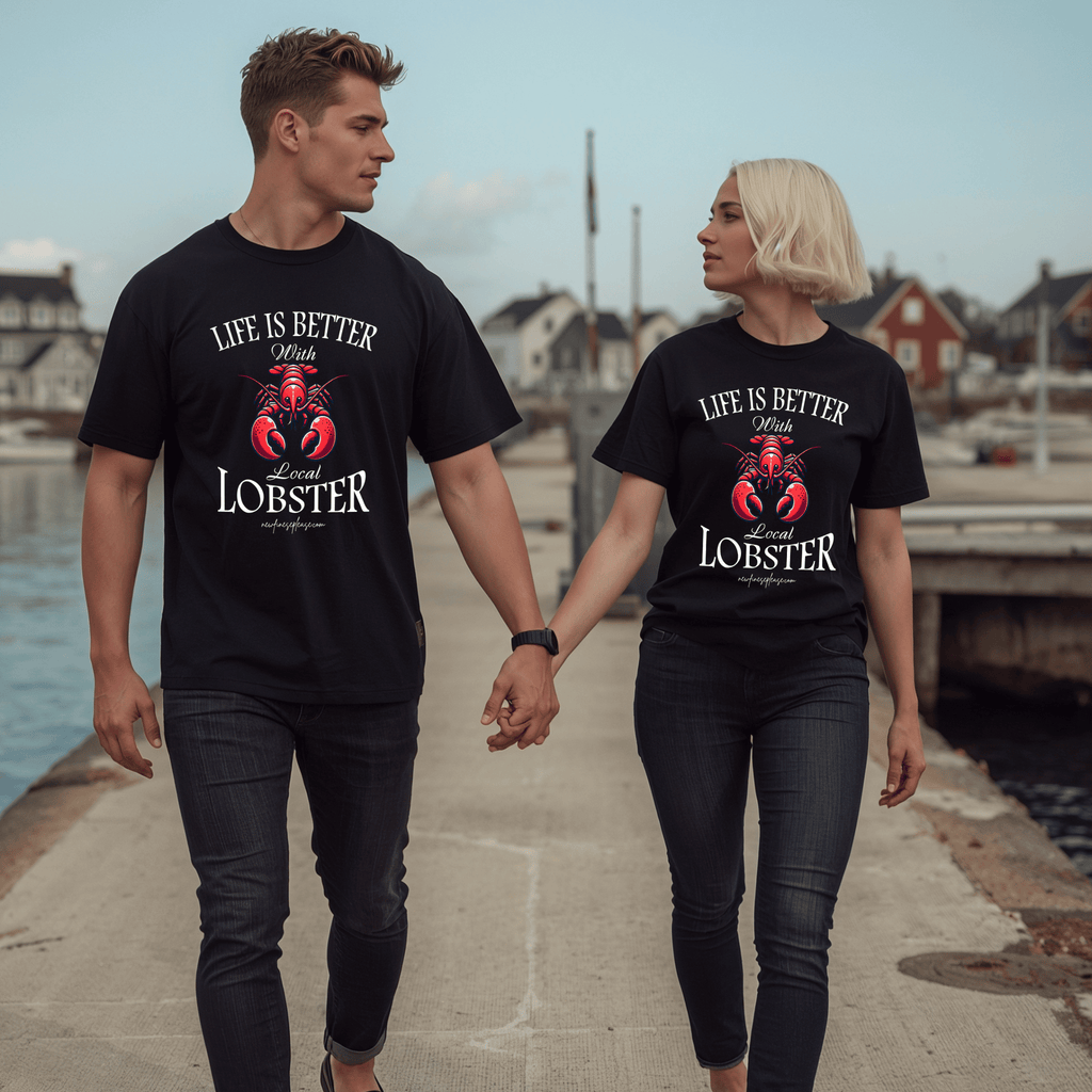 Two attractive people walking along a dock wearing black t-shirts with a lobster graphic and text saying "Life is Better with Local Lobster."