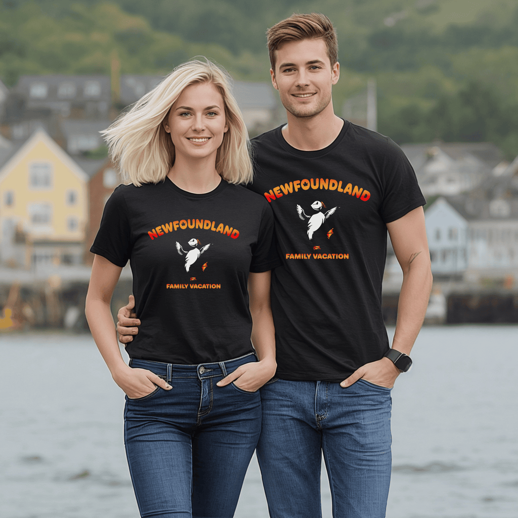 Two attractive people wearing black t-shirts with 'Newfoundland Family Vacation' text and a silly dancing puffin graphic, standing by a waterfront.