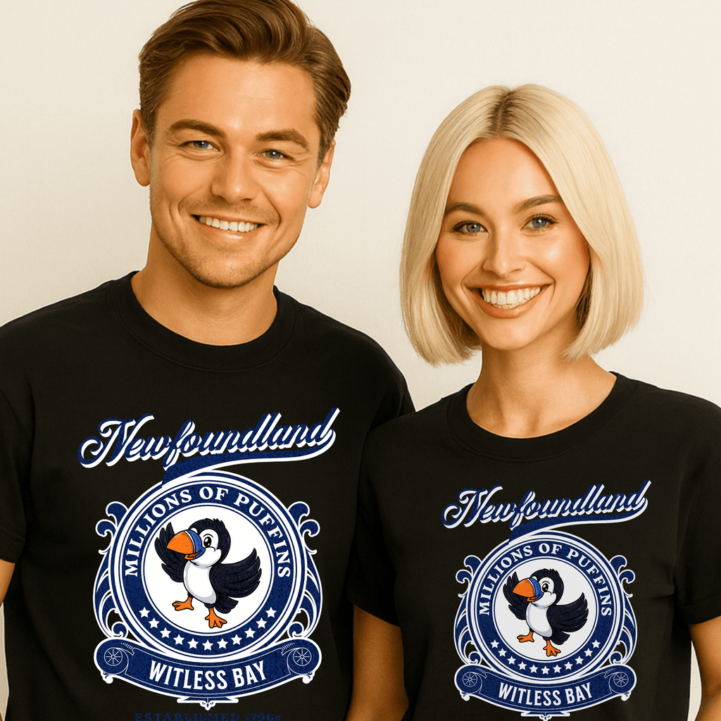 Two attractive people wearing black t-shirts with a puffin and text saying "Newfoundland, Millions of Puffins, Witless Bay."