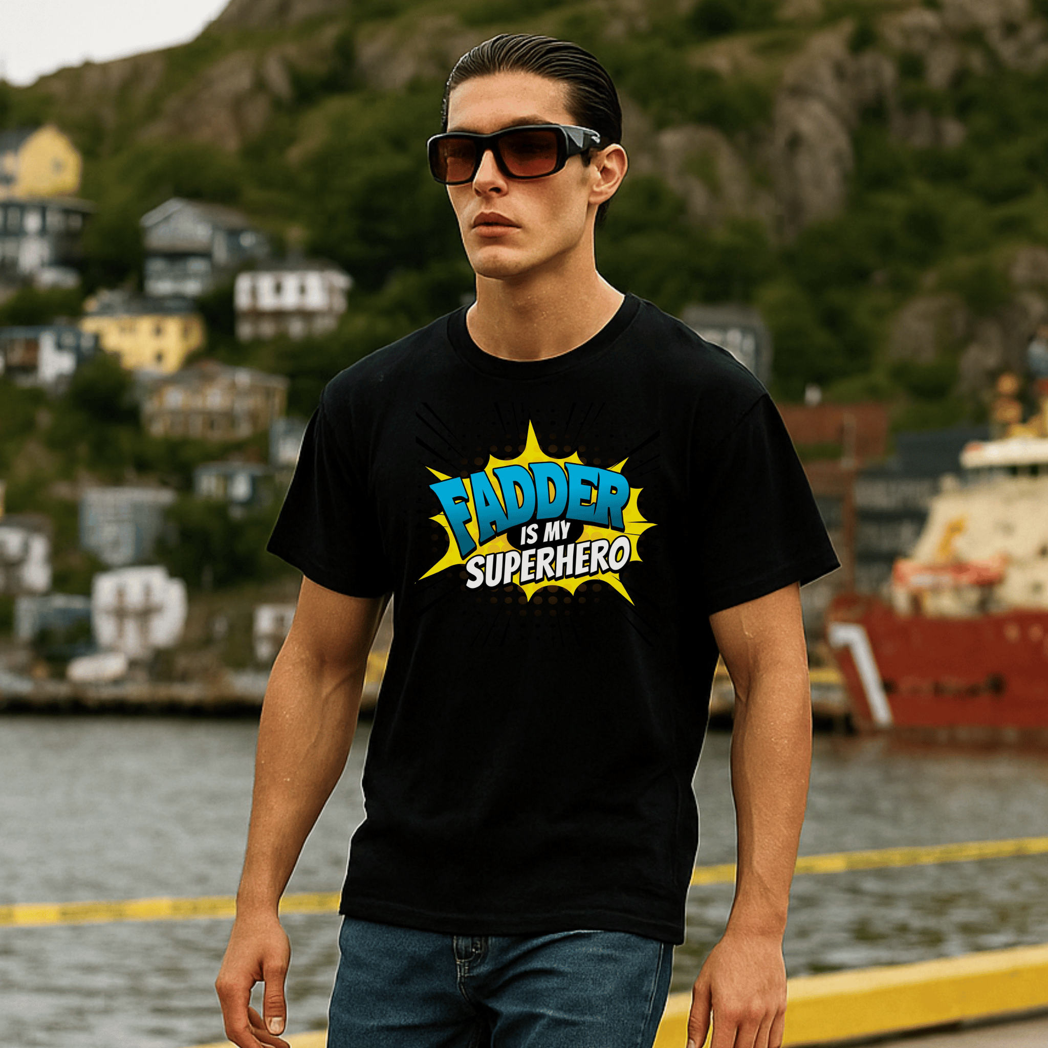 Man wearing a black t-shirt with 'FATHER IS MY SUPERHERO' text, standing by a waterfront with houses and a boat in the background.