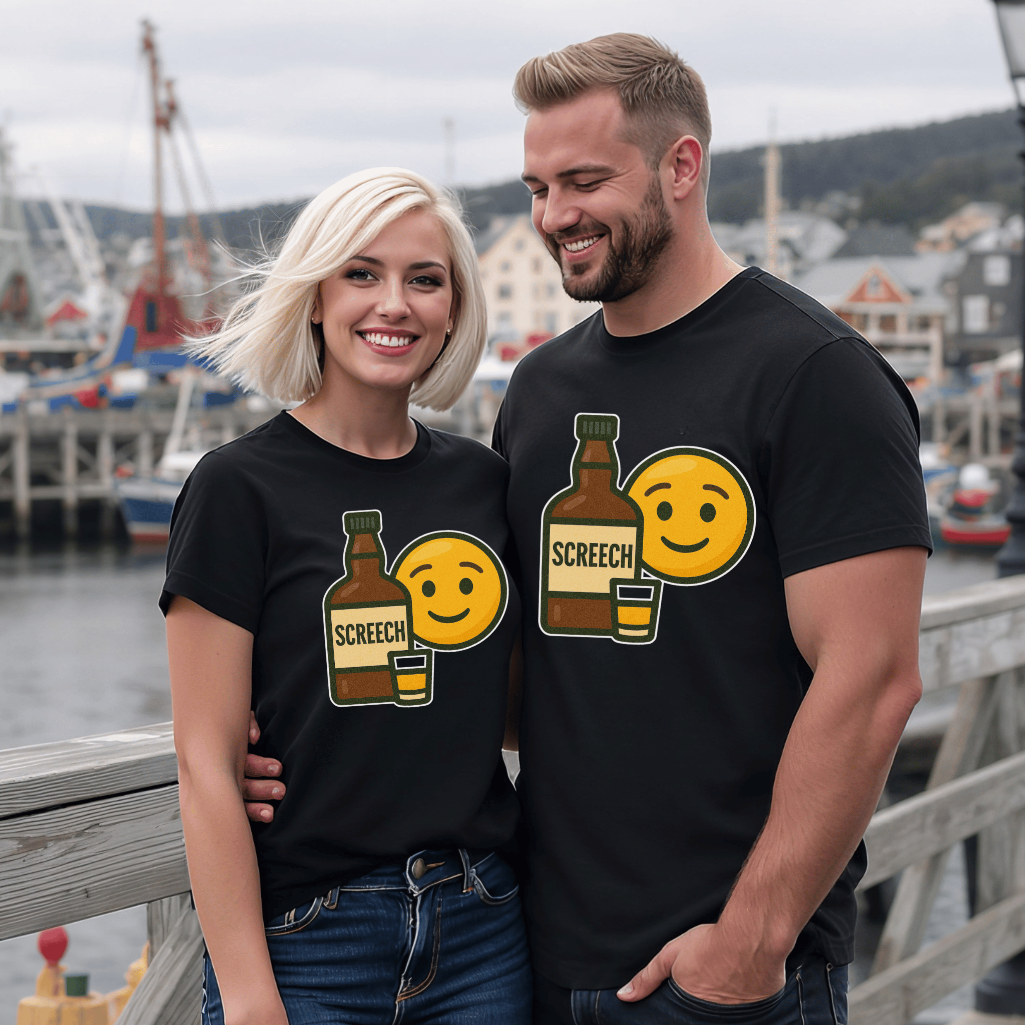 Two attractive people wearing black t-shirts with 'Screech' bottle , shot glass and smiley face emoji graphics, standing by a waterfront.