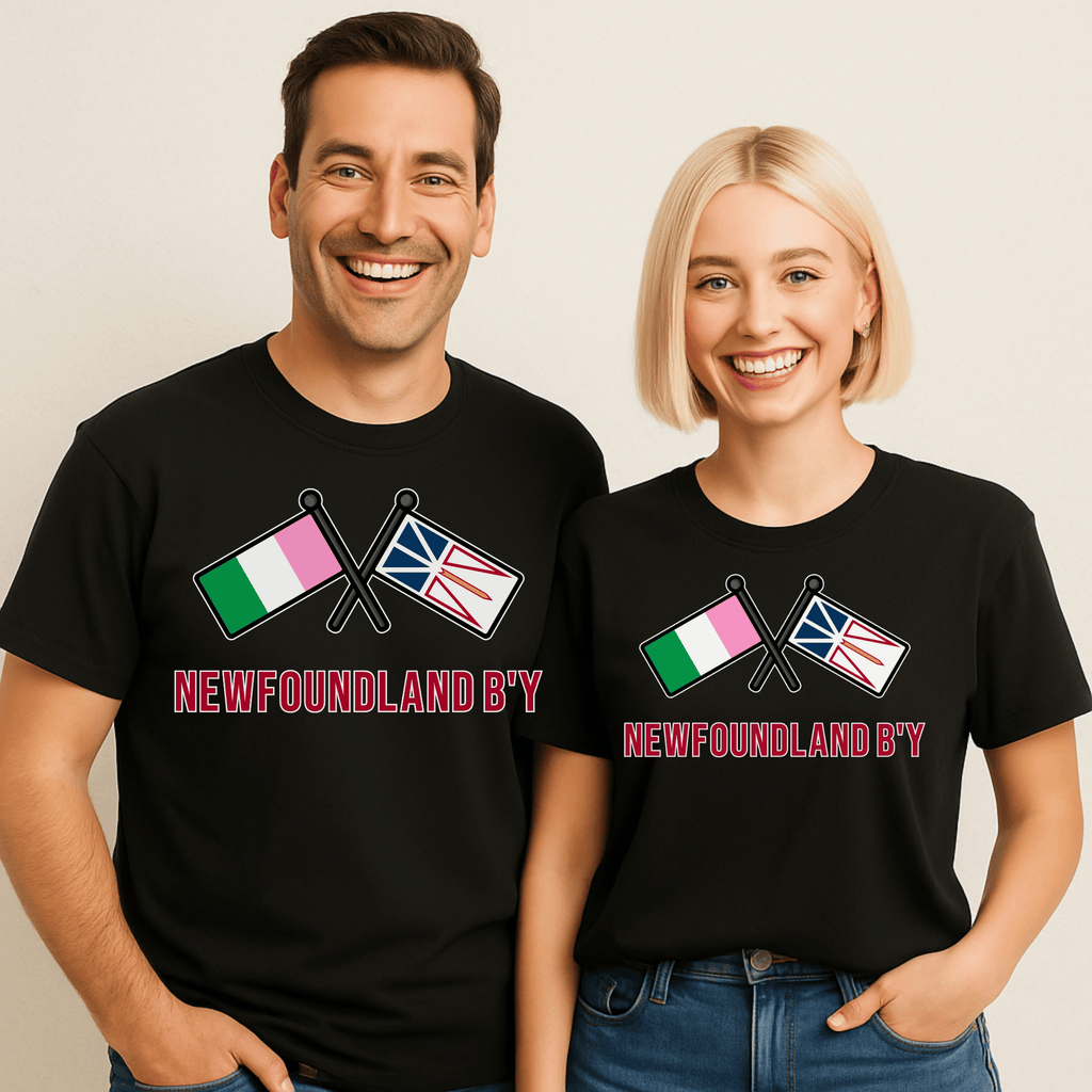 Two gorgeous people wearing matching black t-shirts with the Newfoundland tricolor flag and the Official Flag of NL and text saying "Newfoundland B'y"on a beige background