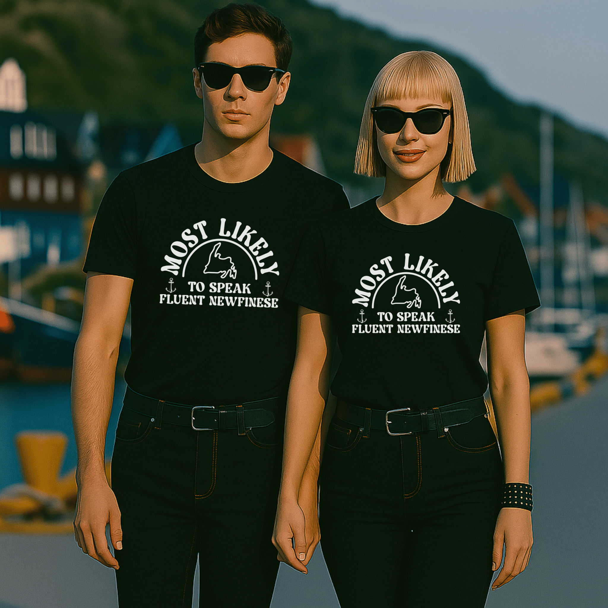 Two attractive people wearing black t-shirts with text that says "Most Likely to Speak Fluent Newfinese" and a graphic of the outline of the map of Newfoundland, standing in front of a scenic background.